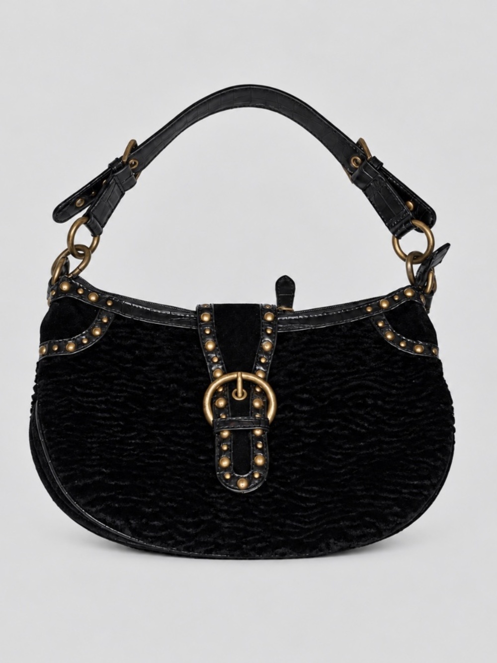 Nine West Black Velvet Studded Shoulder Bag Y2K Leopard Lining NWOT